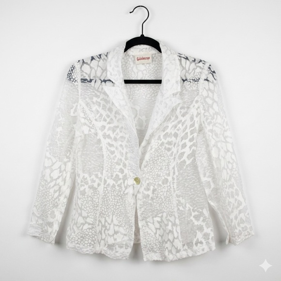 Kaleidoscope Jackets & Blazers - VTG Kaleidoscope Sheer White Burnout Animal Print Blazer Jacket Mesh Sz L